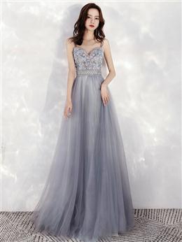 Picture of Pretty Sweetheart Blue-grey Tulle Beaded Long Party Dresses, Straps A-line Prom Dresses